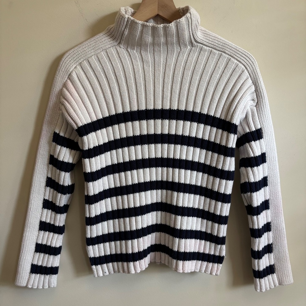 Abercrombie & Fitch Womens S Ribbed Mock Neck Striped Sweater Cream Navy Blue